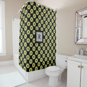 Rideaux De Douche Motif floral vert de chaux monogramme sur noir
