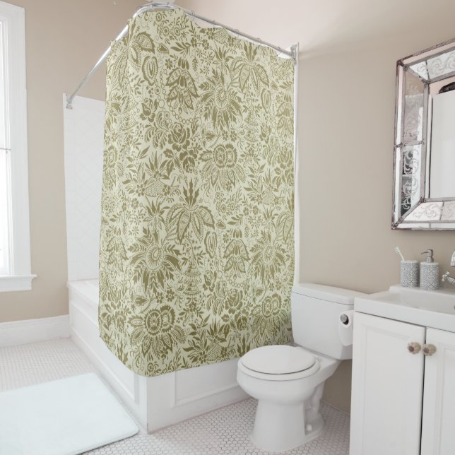 Rideaux De Douche Motif Floral Vert Sage Antique Damas (En situation)