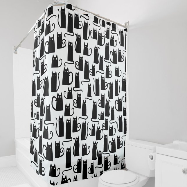 Rideaux De Douche Motif Fun Chat Noir et Blanc (Black cat pattern fun black and white shower curtain)