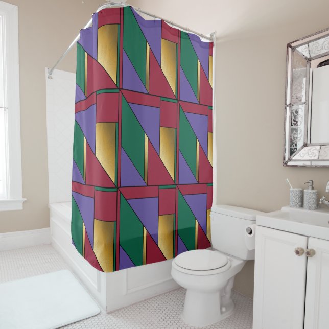 Rideaux De Douche Motif géométrique Gold violet vert rouge (En situation)