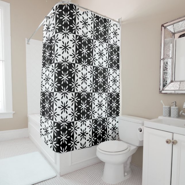 Rideaux De Douche Motif géométrique graphique noir et blanc (En situation)