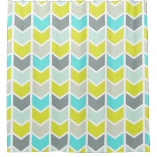 Rideaux De Douche Motif géométrique gris jaune bleu de Chevron