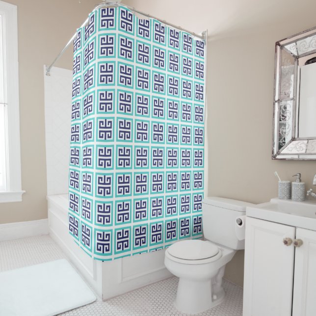 Rideaux De Douche Motif grec Navy Blue Aqua (En situation)