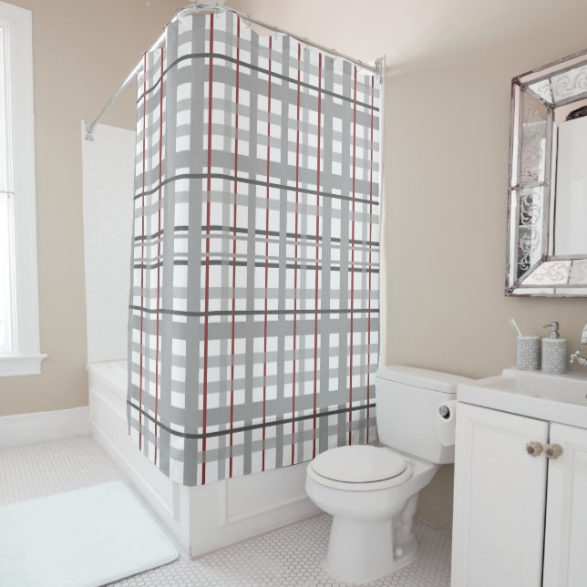 Rideaux De Douche Motif gris de rayures de plaid de Bourgogne (En situation)