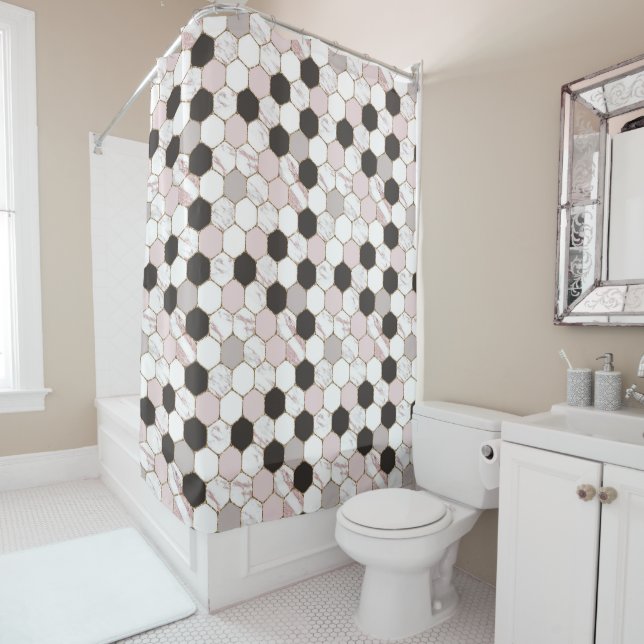 Rideaux De Douche Motif Hexagon de marbre géométrique moderne (En situation)