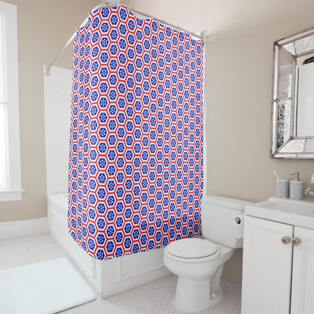 Rideaux De Douche Motif hexagone blanc rouge et bleu (En situation)