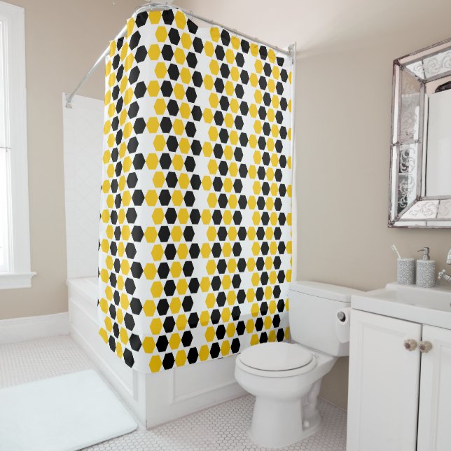Rideaux De Douche Motif hexagramme Hex Noir Noir Jaune (En situation)