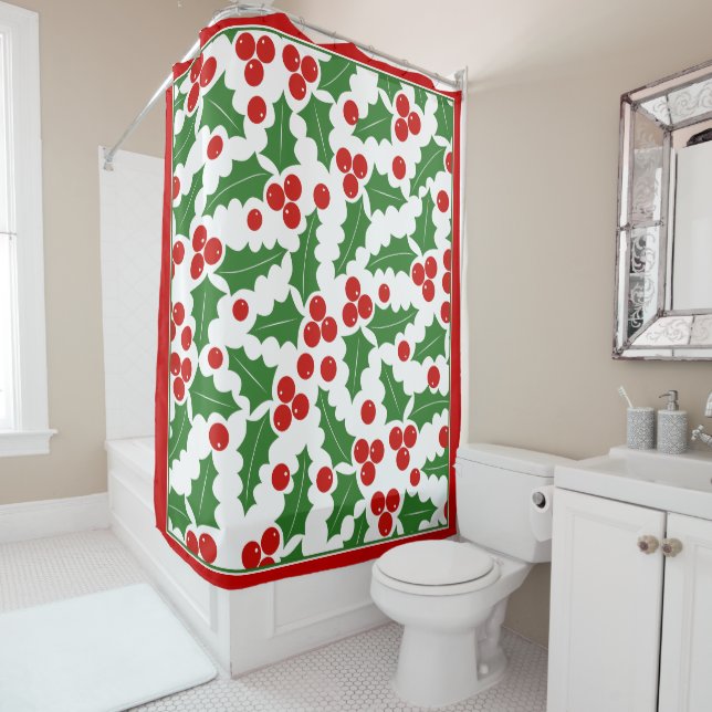 Rideaux De Douche Motif Holly berry et frontière rouge Noël (En situation)