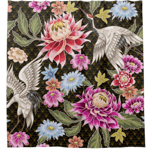 Rideaux De Douche Motif japonais avec fleurs et grues blanches (Devant)