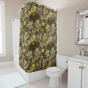 Rideaux De Douche Motif jaune-brun fleuri à l'aquarelle.