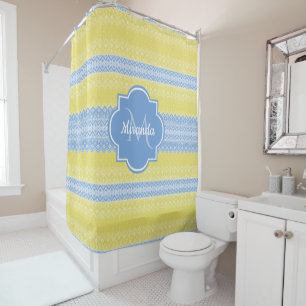 Rideaux De Douche Motif Knit jaune et bleu clair avec Monogramme