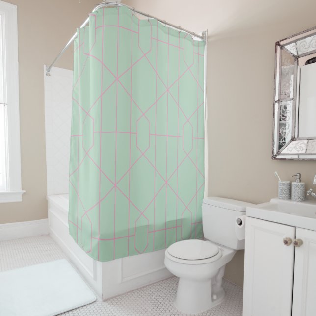 Rideaux De Douche Motif Lignes géométriques vert et rose (En situation)