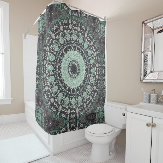 Rideaux De Douche Motif Mandala Vert Menthe et Charbon (En situation)