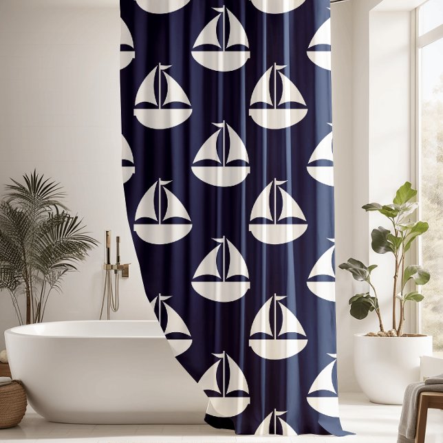 Rideaux De Douche Motif nautique Bleu Blanc Voilier (Créateur téléchargé)