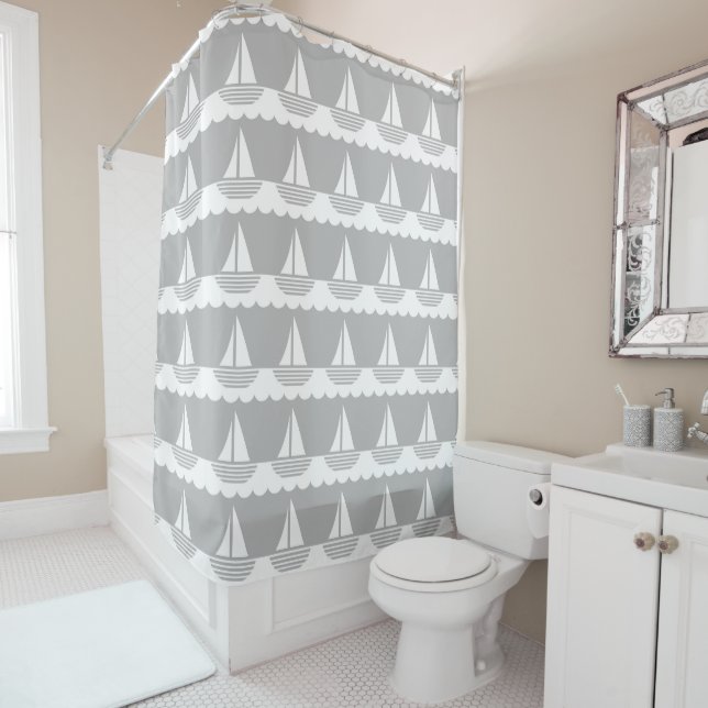 Rideaux De Douche Motif nautique gris et blanc (En situation)