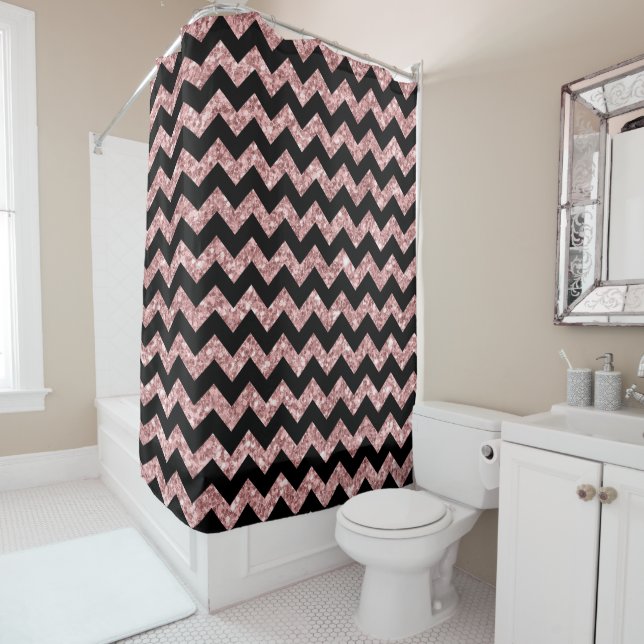 Rideaux De Douche Motif noir Chevron et Parties scintillant Saumon r (En situation)