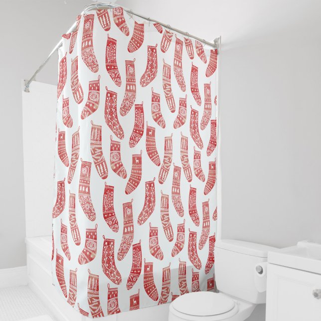 Rideaux De Douche Motif norvégien des restes de Noël (Red and white Nordic Christmas stockings shower curtain)