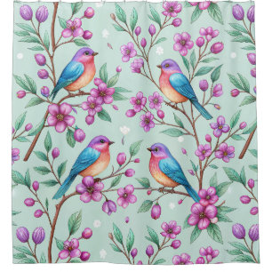 Rideaux De Douche Motif Oiseaux Floraux sur Fond Menthe (3)