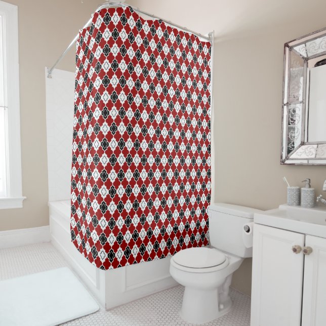 Rideaux De Douche Motif Quatrefoil blanc, noir et profond rouge (En situation)