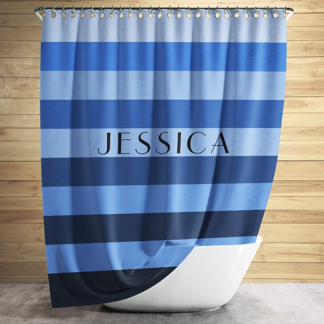 Rideaux De Douche Motif rayé bleu monochrome Nom personnalisé (Blue Monochrome Striped Pattern Personalized Name Shower Curtain)