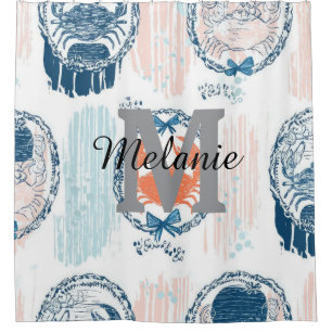 Rideaux De Douche Motif rayé côtier bleu orange crabe marin