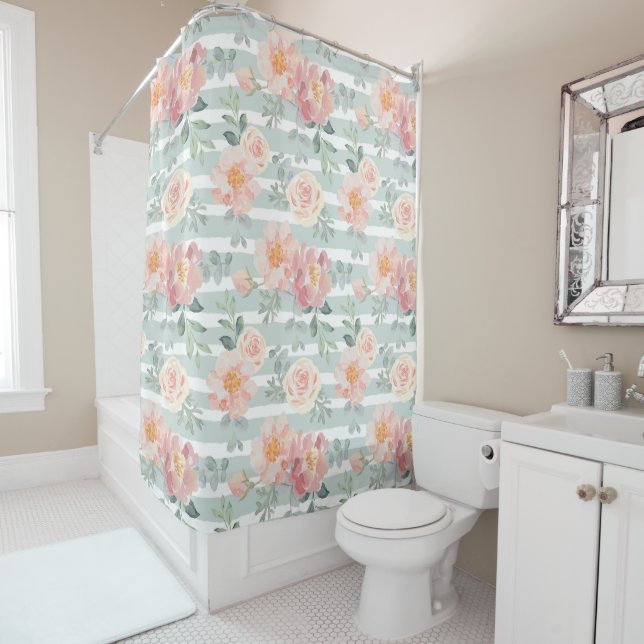 Rideaux De Douche Motif rose de rayure d'Alicia (En situation)