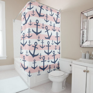 Rideaux De Douche Motif rose nautique d'ancre de bleu marine de