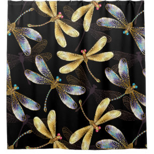 Rideaux De Douche Motif sans couture avec libellules d'or