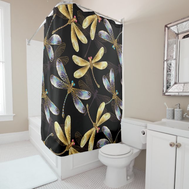 Rideaux De Douche Motif sans couture avec libellules d'or (En situation)