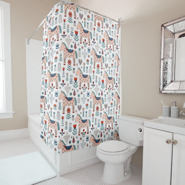 Rideaux De Douche Motif scandinave d'art populaire de cheval (En situation)