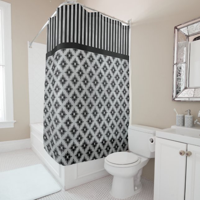 Rideaux De Douche Motif Silver Grey Diamonds et Stripes (En situation)