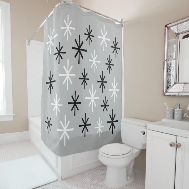 Rideaux De Douche Motif Starburst moderne du milieu du siècle (En situation)