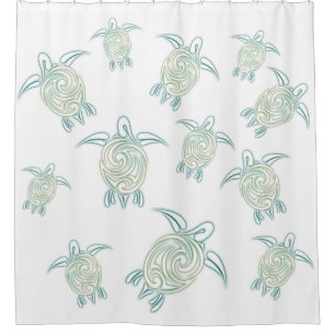 Rideaux De Douche Motif Tortues Marines Blanc Vert Nautical