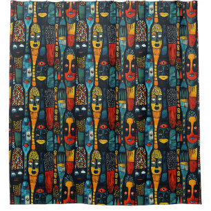 Rideaux De Douche Motif tribal africain avec idoles.