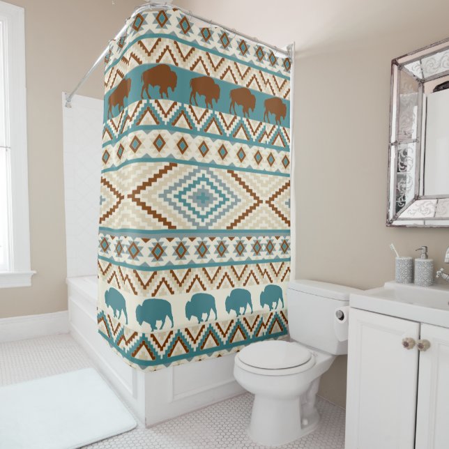 Rideaux De Douche Motif tribal Bison de Buffalo Sud-Ouest Woodland (En situation)