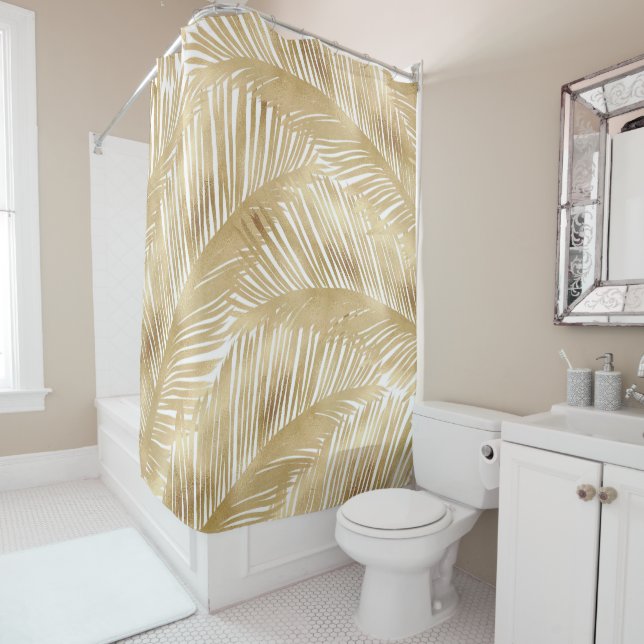 Rideaux De Douche Motif Tropical de feuille d'or moderne (En situation)