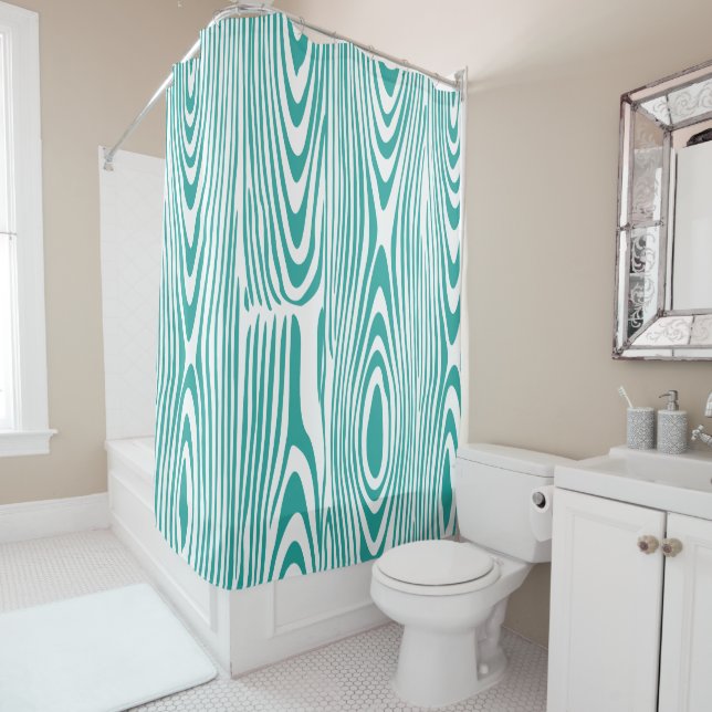 Rideaux De Douche Motif Turquoise Et Blanc Abstrait De Grain De Bois (En situation)