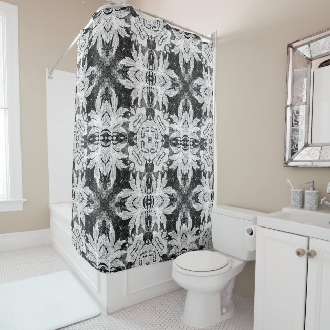 Rideaux De Douche Motif unique en dentelle noire et blanche (En situation)