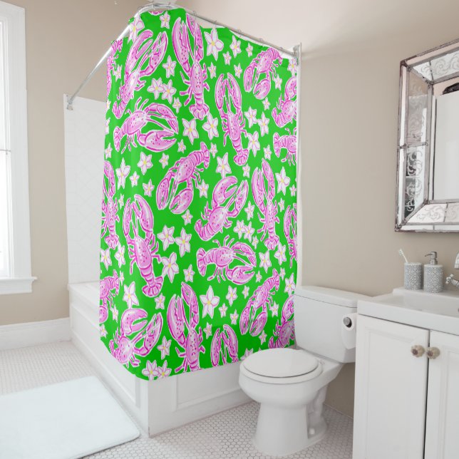 Rideaux De Douche Motif vert rose pâle de homard (En situation)