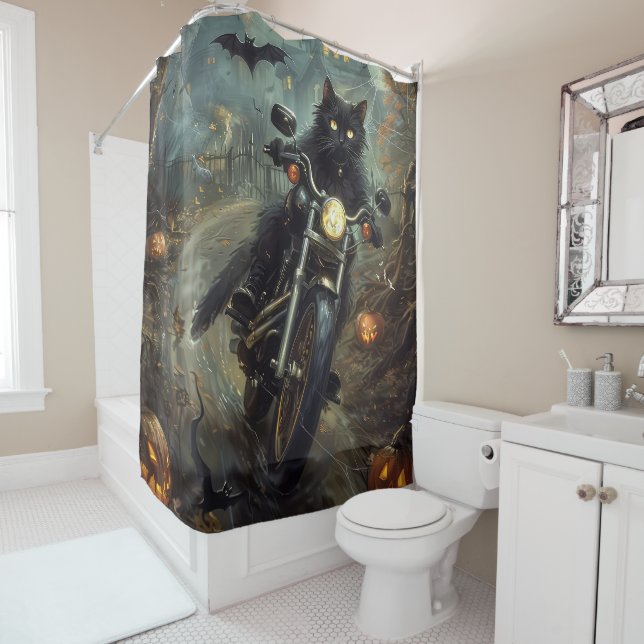 Rideaux De Douche Moto à équitation Chat Noir Halloween effrayant (En situation)