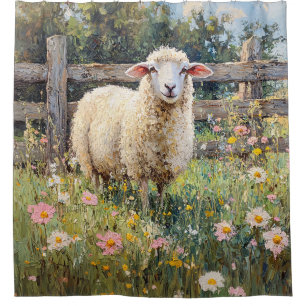 Rideaux De Douche Moutons de printemps avec peinture Fleur sauvage