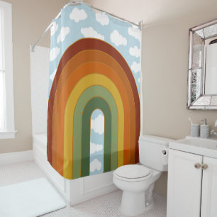 Rideaux De Douche Muet Retro Seventies Ciel Arc-en-ciel nuageux