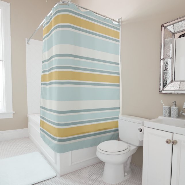 Rideaux De Douche Muted Blue and Mustard Modern Stripe Bathroom (En situation)