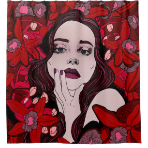 Rideaux De Douche Mystérieuse fille entourée de fleurs rouges, abstr