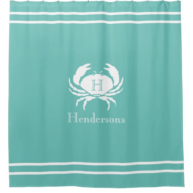 Rideaux De Douche Naum de mer Turquoise Crabe blanc Nom du monogramm (Devant)