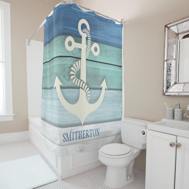Rideaux De Douche Nautical Aqua Bleu Blanc Distressed Wood Ancre (En situation)