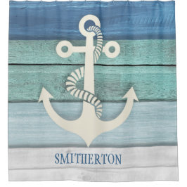 Rideaux De Douche Nautical Aqua Bleu Blanc Distressed Wood Ancre
