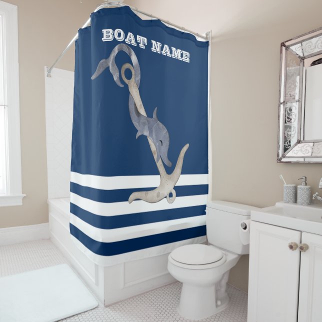 Rideaux De Douche Nautique, Ancre Dolphin Marine Bleu rayé (En situation)