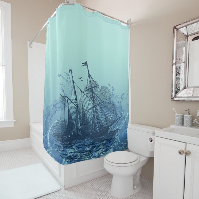 Rideaux De Douche Nautique - bateau bleu (En situation)