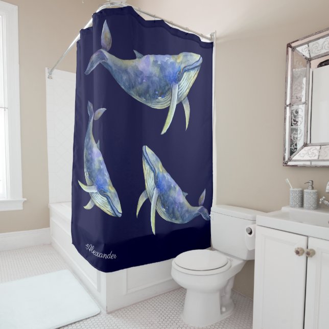 Rideaux De Douche Nautique Bleu Baleine Aquarelle Blanc Nom du bois (En situation)